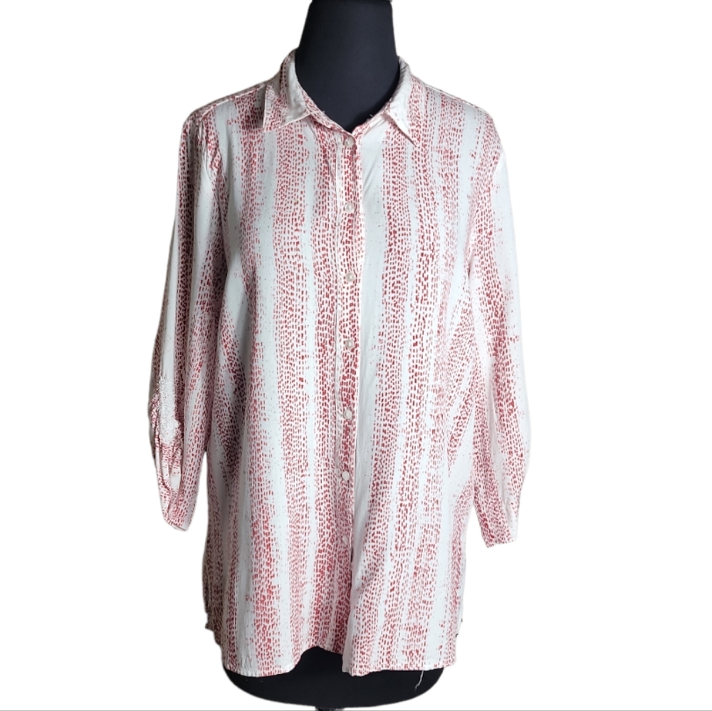 FDJ ruched sleeve button closure pink white dotted stripe top size 10